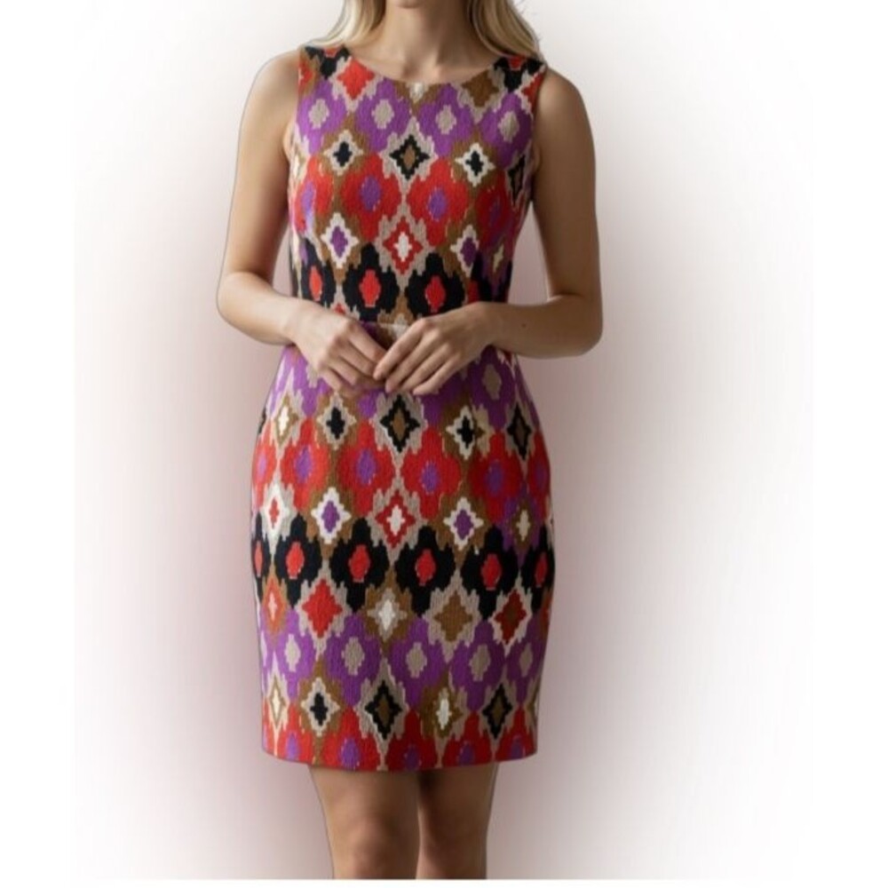 Kasper Career Sheath Dress Women's Sz 10 Ikat Print Multi Color Sleeveless Work
